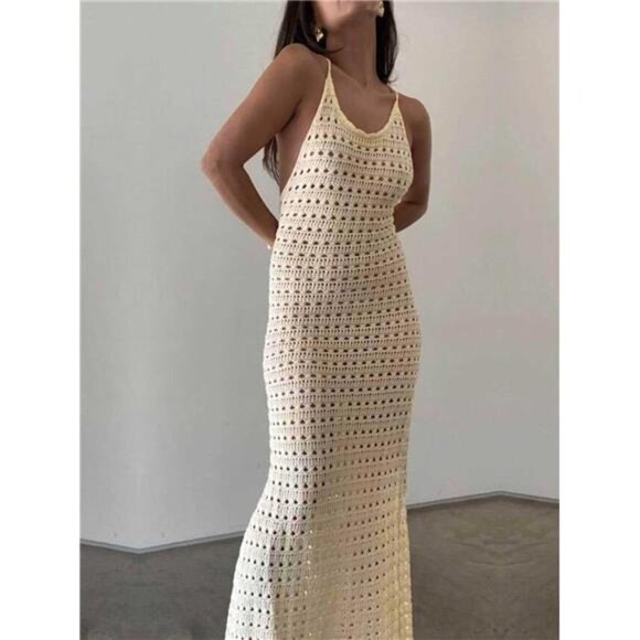 Crochet Knit Beach Cover-Up Dress | Sleeveless Hollow Out Maxi - Picture 3 of 6